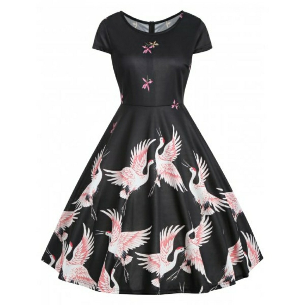 Vintage Red Crowned Crane Print Pin Up Dress